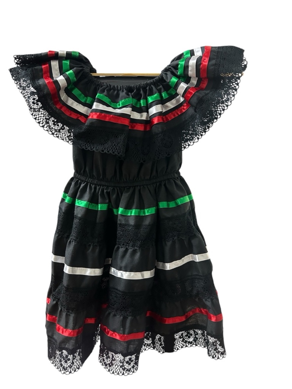 Off-Shoulder Black Mexican-Style Dress with Red, Green & White Ribbon